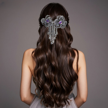 Luxury Crystal Beaded Bow Hairpin – Elegant Rhinestone Hair Clip with Tassel Chains
