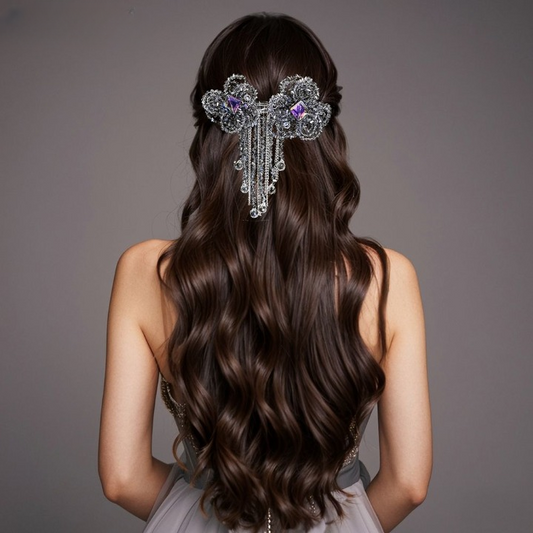 Luxury Crystal Beaded Bow Hairpin – Elegant Rhinestone Hair Clip with Tassel Chains