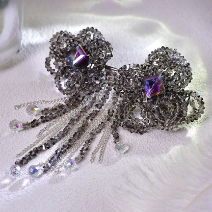 Luxury Crystal Beaded Bow Hairpin – Elegant Rhinestone Hair Clip with Tassel Chains