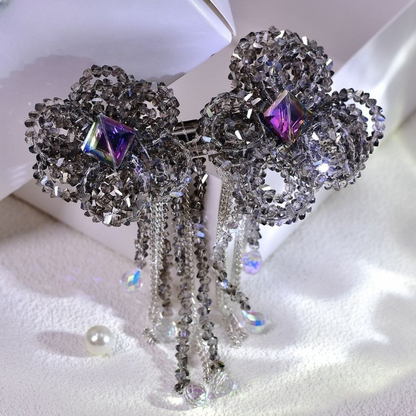 Luxury Crystal Beaded Bow Hairpin – Elegant Rhinestone Hair Clip with Tassel Chains