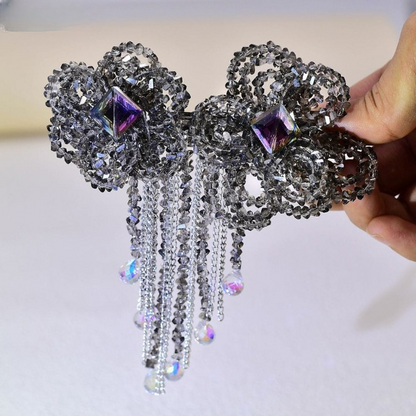 Luxury Crystal Beaded Bow Hairpin – Elegant Rhinestone Hair Clip with Tassel Chains
