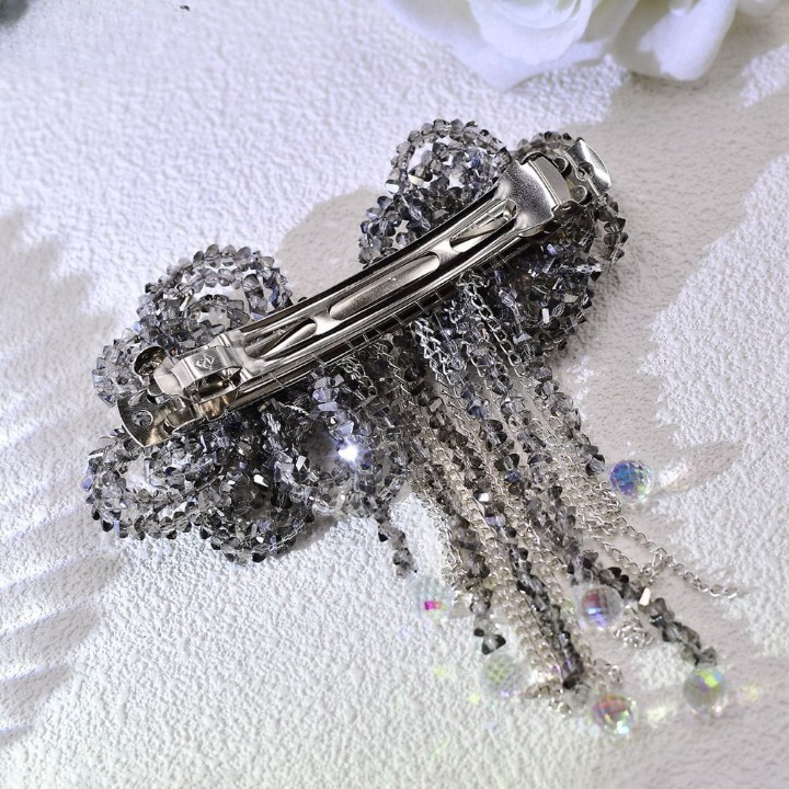 Luxury Crystal Beaded Bow Hairpin – Elegant Rhinestone Hair Clip with Tassel Chains