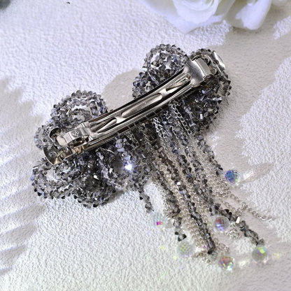 Luxury Crystal Beaded Bow Hairpin – Elegant Rhinestone Hair Clip with Tassel Chains