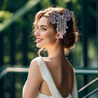 Luxury Crystal Beaded Bow Hairpin – Elegant Rhinestone Hair Clip with Tassel Chains