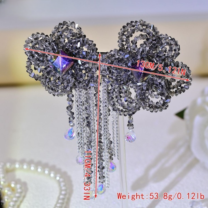 Luxury Crystal Beaded Bow Hairpin – Elegant Rhinestone Hair Clip with Tassel Chains