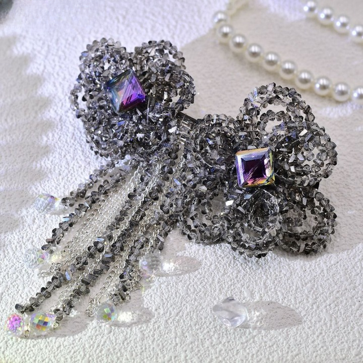 Luxury Crystal Beaded Bow Hairpin – Elegant Rhinestone Hair Clip with Tassel Chains