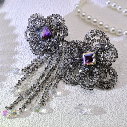 Luxury Crystal Beaded Bow Hairpin – Elegant Rhinestone Hair Clip with Tassel Chains