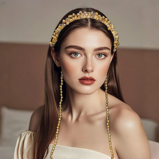 Fairy Gold Tassel Luxury Rhinestone Headband – Retro Crystal Beaded Hair Accessory