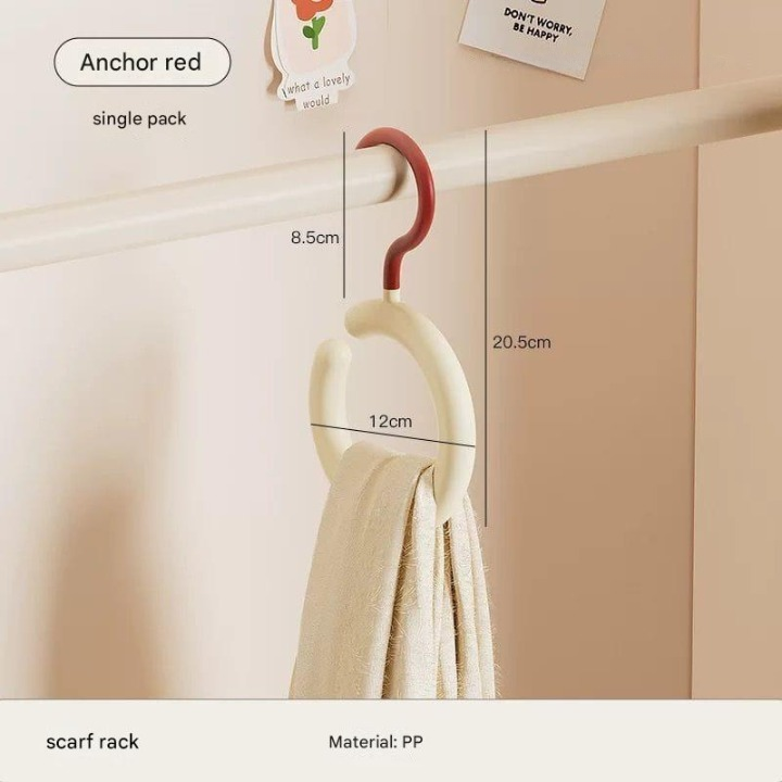 Scarf rack with dimensions labeled, showing a beige scarf draped over it.