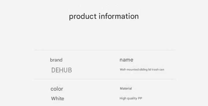 Product information card for a DEHUB wall-mounted sliding lid trash can on a white background.