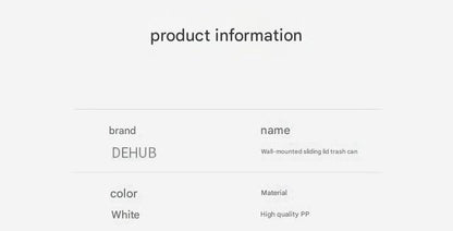 Product information card for a DEHUB wall-mounted sliding lid trash can on a white background.