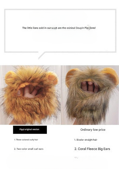 Comparison of a fur headpiece labeled 'Pippi original version' with another labeled 'Ordinary low price'.