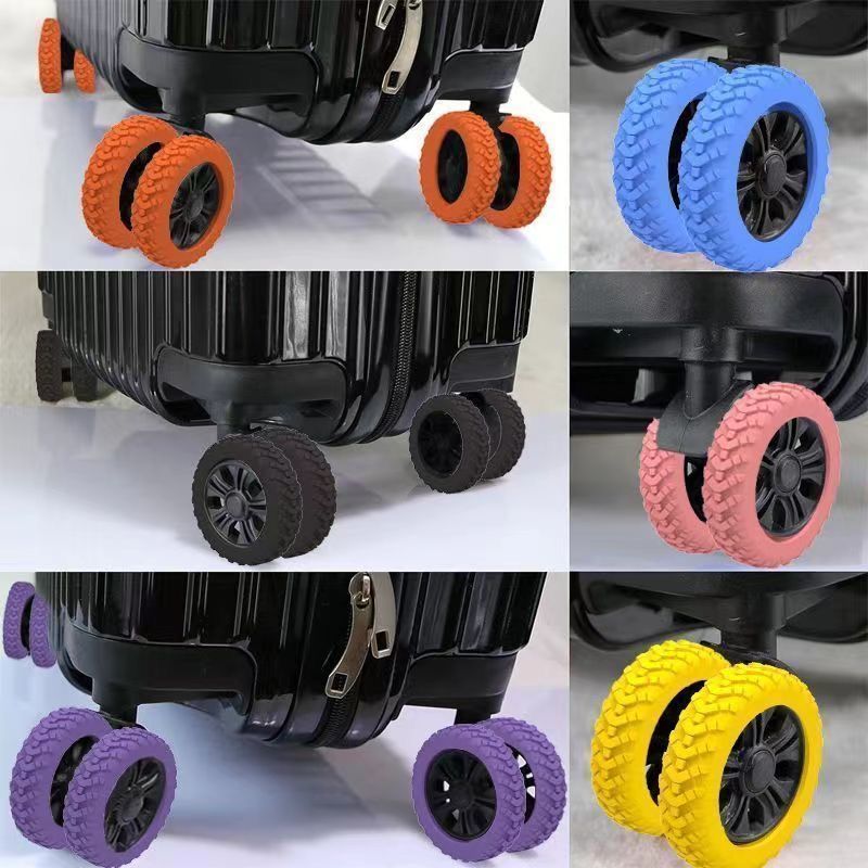 Collage of suitcase with different colored wheels on a white background