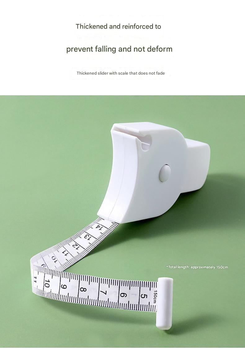 White measuring tape on a green background with text about its features.
