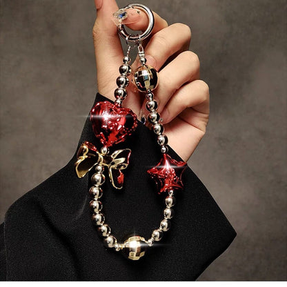 Mobile Phone Case Heart Keychain with Transparent Clip – Silver & Red Charm Bracelet Holder by India Dealz