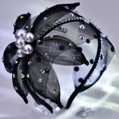 Flower Butterfly Black Headband with Pearls & Rhinestones – Elegant Party & Wedding Hair Accessory | India Dealz