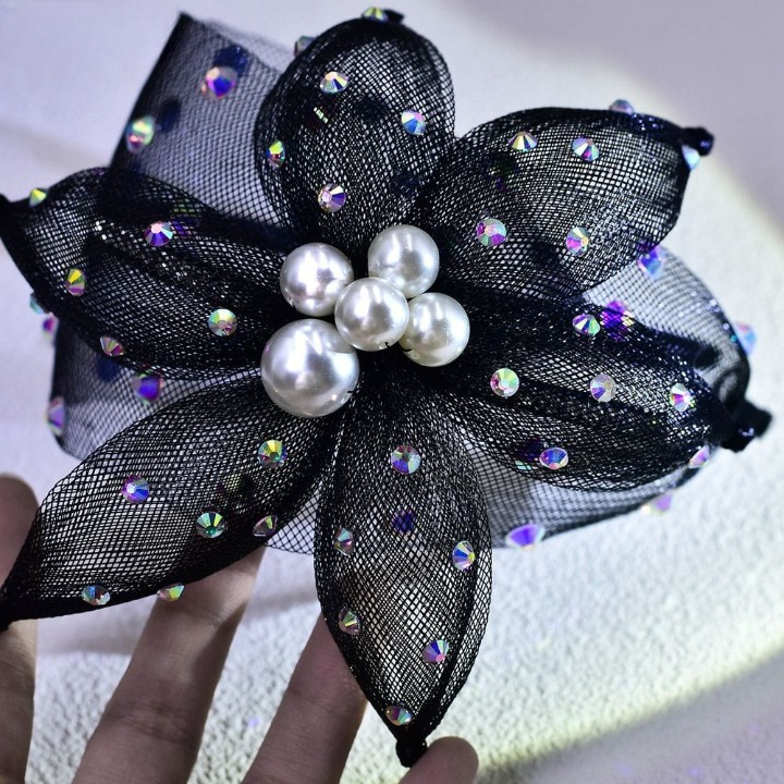 Flower Butterfly Black Headband with Pearls & Rhinestones – Elegant Party & Wedding Hair Accessory | India Dealz