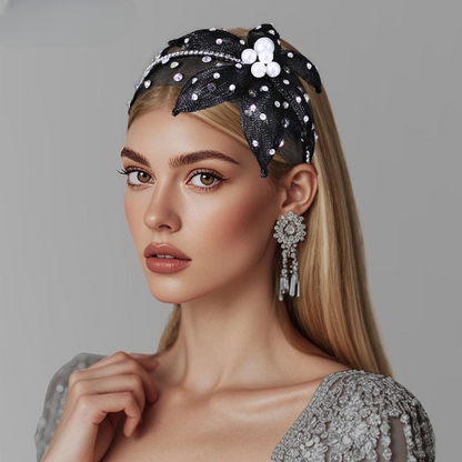 Flower Butterfly Black Headband with Pearls & Rhinestones – Elegant Party & Wedding Hair Accessory | India Dealz
