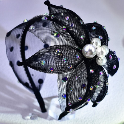 Flower Butterfly Black Headband with Pearls & Rhinestones – Elegant Party & Wedding Hair Accessory | India Dealz