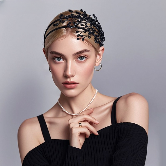 Fairy Black Baroque Headband – Elegant Gothic Crystal Beaded Hair Accessory for Women