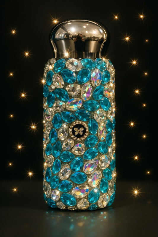 Rhinestone Stainless Steel Water Bottle – Crystal Bling Design with Butterfly Accent (Blue/Mustard)