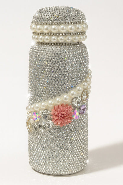 Luxury Rhinestone Pearl Stainless Steel Water Bottle – Sparkling Crystal Floral Design