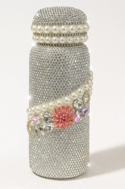 Luxury Rhinestone Pearl Stainless Steel Water Bottle – Sparkling Crystal Floral Design