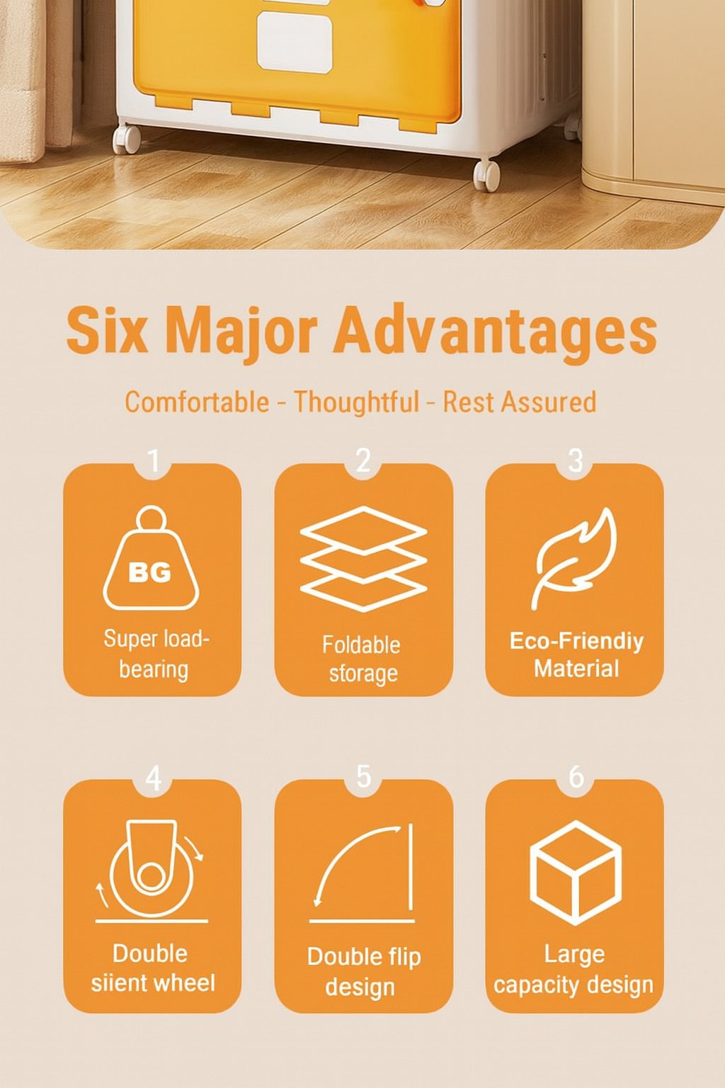 Storage unit with text highlighting six major advantages on a beige background