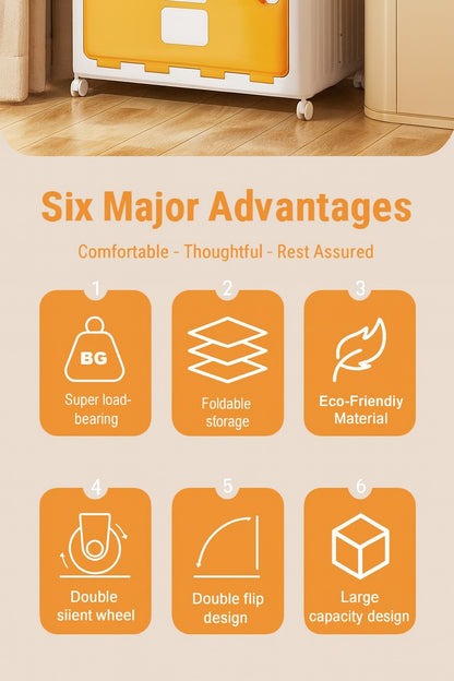 Storage unit with text highlighting six major advantages on a beige background