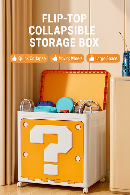 Flip-top collapsible storage box with wheels and a large question mark symbol on a beige background.