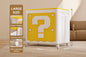 Yellow storage cube with question mark design, dimensions, and features on a neutral background