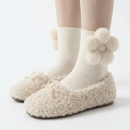 Plush Hearts Mid-Calf Socks for Women – Cute Cozy Calf Length Socks (White & Black)