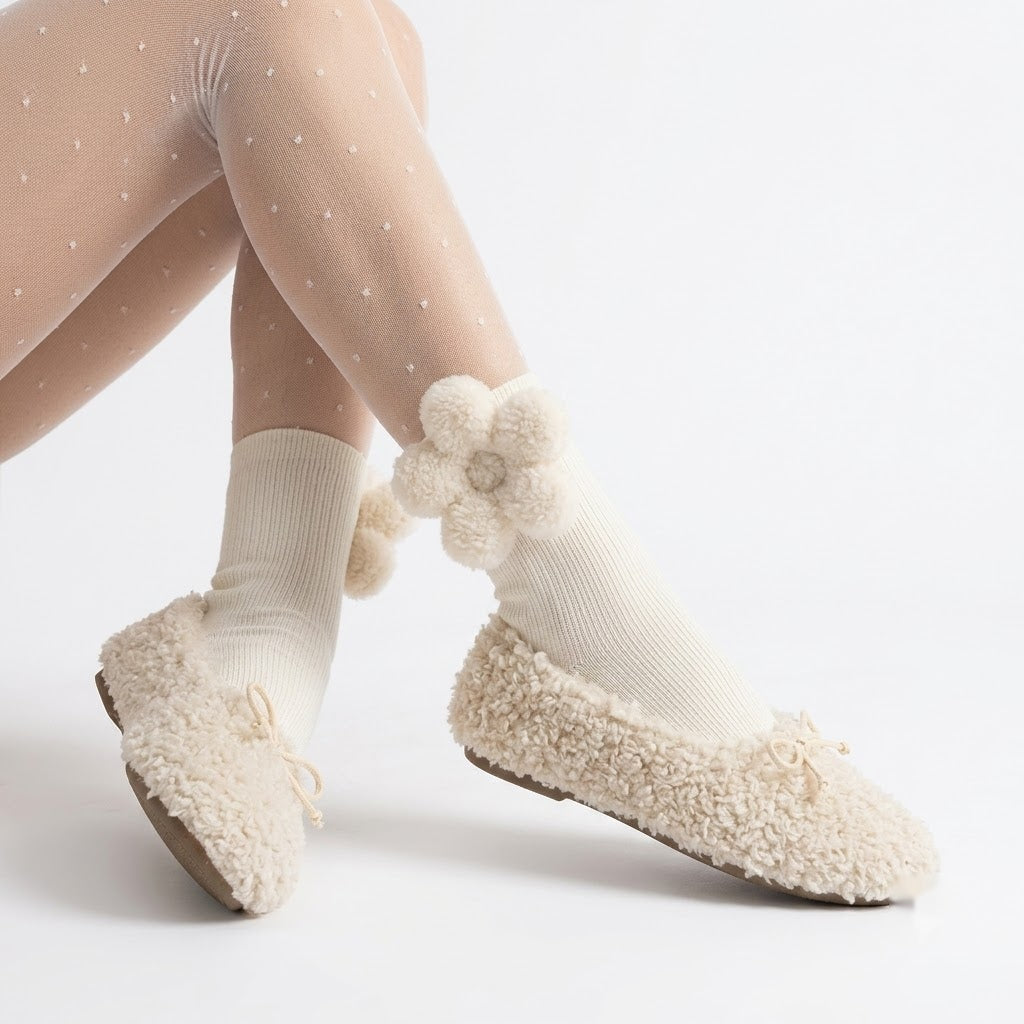 Plush Hearts Mid-Calf Socks for Women – Cute Cozy Calf Length Socks (White & Black)