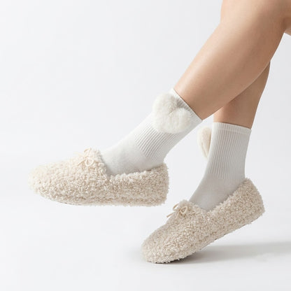 Plush Hearts Mid-Calf Socks for Women – Cute Cozy Calf Length Socks (White & Black)