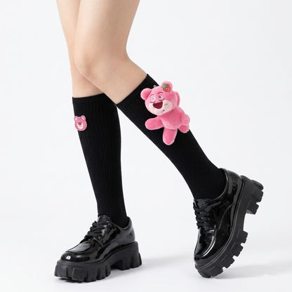 Strawberry Bear Doll Plush Socks – Cute Kawaii Fashion Socks (Mid Tube & Calf Length, White & Black Variants)
