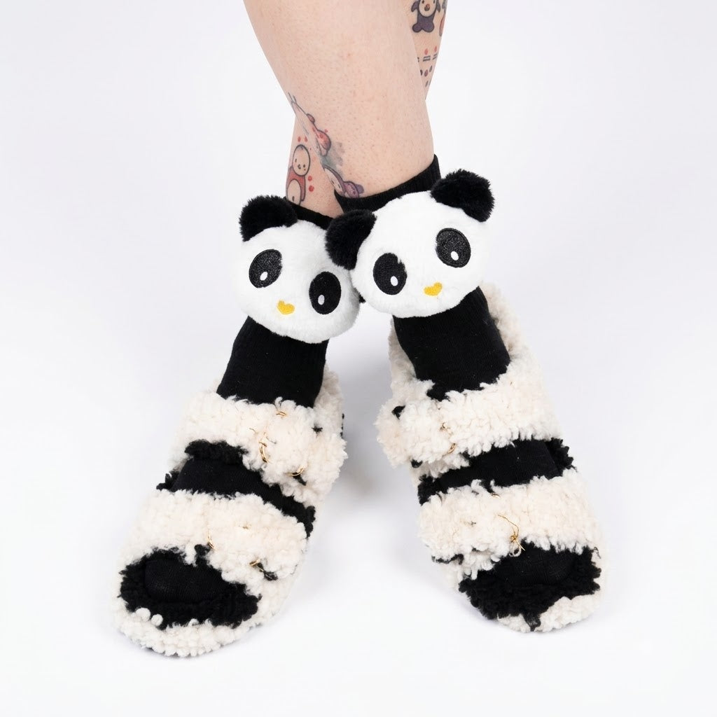 Cute 3D Panda Socks – White & Black Plush Cartoon Animal Socks for Women & Girls