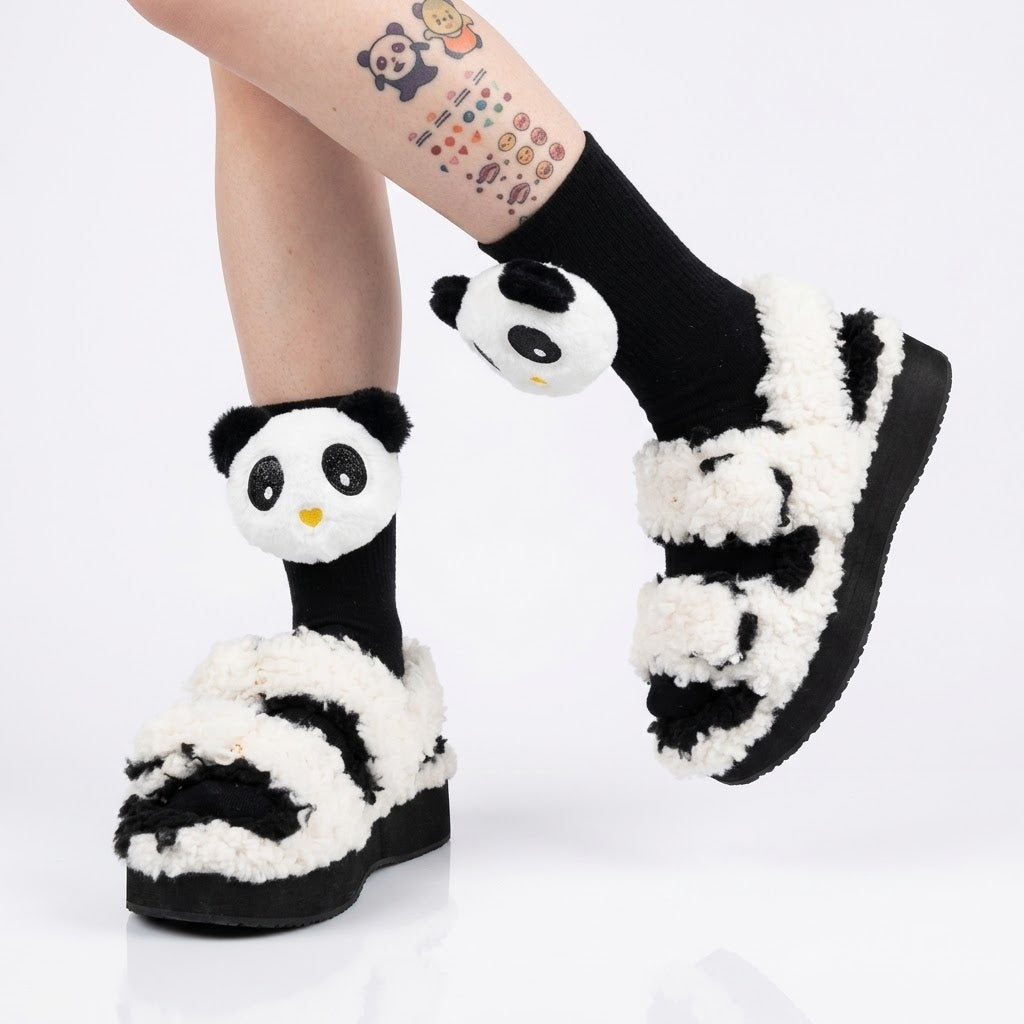 Cute 3D Panda Socks – White & Black Plush Cartoon Animal Socks for Women & Girls