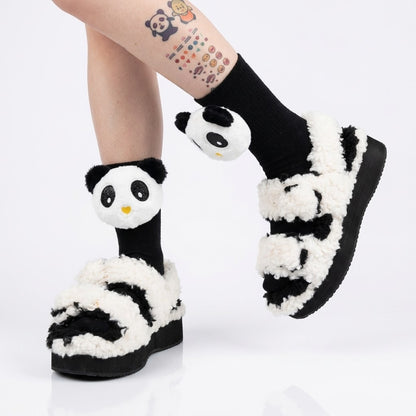 Cute 3D Panda Socks – White & Black Plush Cartoon Animal Socks for Women & Girls