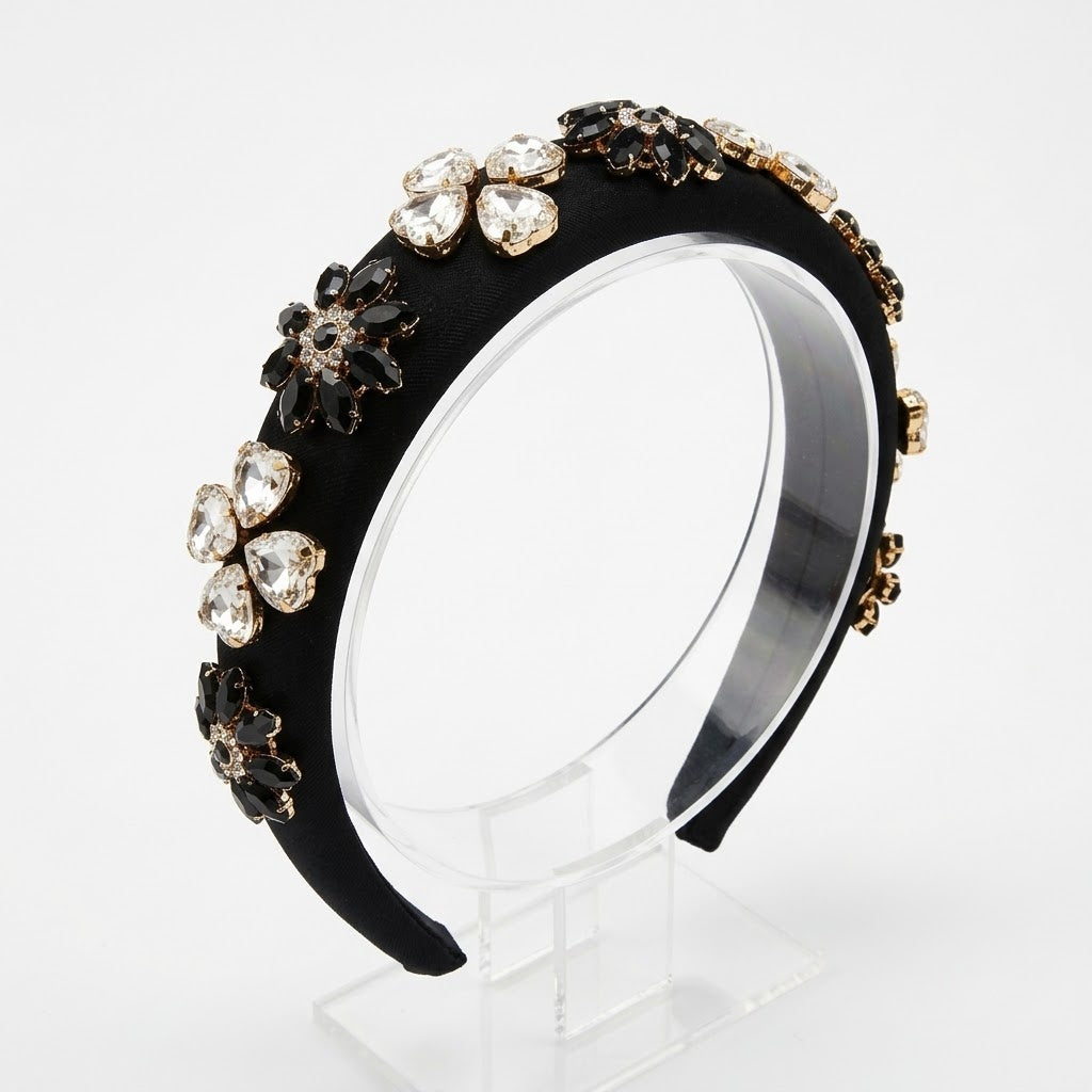 Luxury Black Embellished Padded Headband for Women | Crystal & Stone Studded Hairband | Premium Statement Hair Accessory