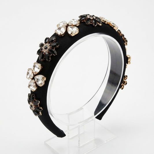 Luxury Black Embellished Padded Headband for Women | Crystal & Stone Studded Hairband | Premium Statement Hair Accessory
