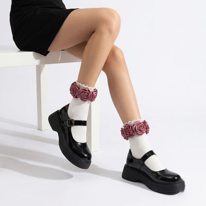 Flower Socks – Black & White Ankle Socks with 3D Rose Embroidery, Cute Vintage Korean Style
