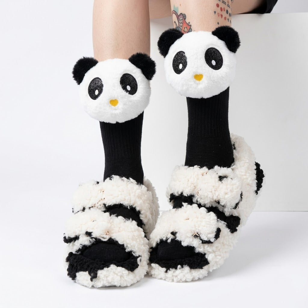 Cute 3D Panda Socks – White & Black Plush Cartoon Animal Socks for Women & Girls