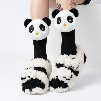 Cute 3D Panda Socks – White & Black Plush Cartoon Animal Socks for Women & Girls