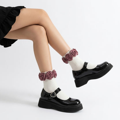 Flower Socks – Black & White Ankle Socks with 3D Rose Embroidery, Cute Vintage Korean Style