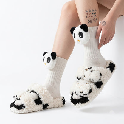 Cute 3D Panda Socks – White & Black Plush Cartoon Animal Socks for Women & Girls