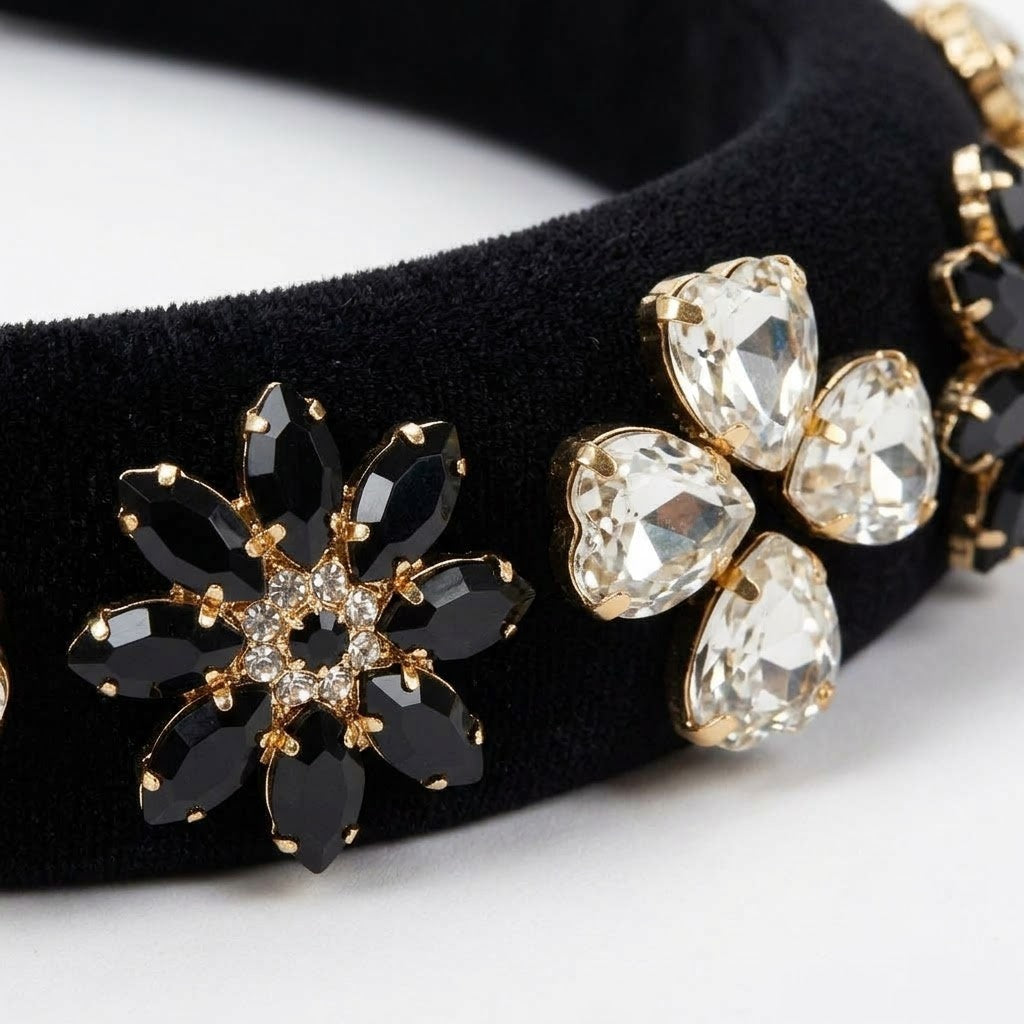 Luxury Black Embellished Padded Headband for Women | Crystal & Stone Studded Hairband | Premium Statement Hair Accessory