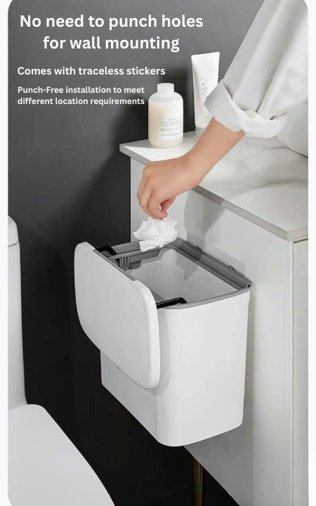 Wall-mounted trash bin with a person using it, featuring text about punch-free installation.