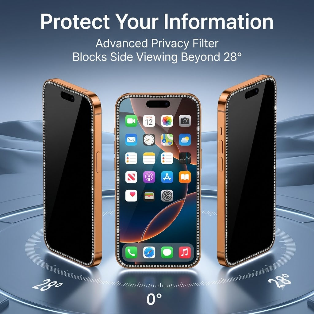 Diamond-Edged Privacy & HD Screen Protector for iPhone | Crystal Border, Anti-Spy, Full Coverage Glass
