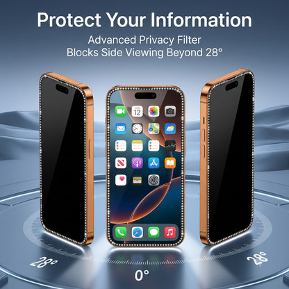 Diamond-Edged Privacy & HD Screen Protector for iPhone | Crystal Border, Anti-Spy, Full Coverage Glass