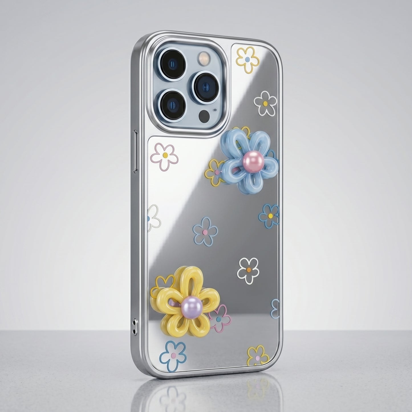 3D Mirror Flower iPhone Case | Cute Glossy Floral Cover for iPhone 14, 15, 16 Series